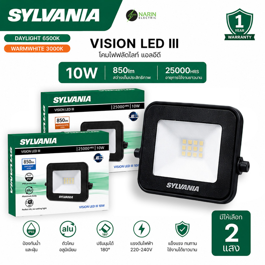SYLVANIA โคมไฟฟลัดไลท์ LED Vision LED III 10W IP65 Daylight 6500K Warm White 3000K สปอร์ตไลท์ LED กันน้ำ