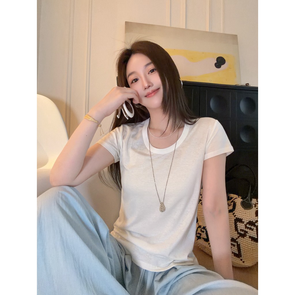 Cao Daman French Rain Dew Linen Tencel Cool Feeling Light สีทึบรอบคอแขนสั้นเสื้อยืดผู้หญิง Slim-