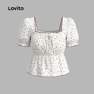 (New Arrival) Lovito เสื้อเบลาส์ลําลองผูกด้านหน้าแบบสบาย ๆ สําหรับฤดูใบไม้ผลิ/ฤดูร้อนของผู้หญิง เกาหลี อินเทรนด์ LK7AD1071