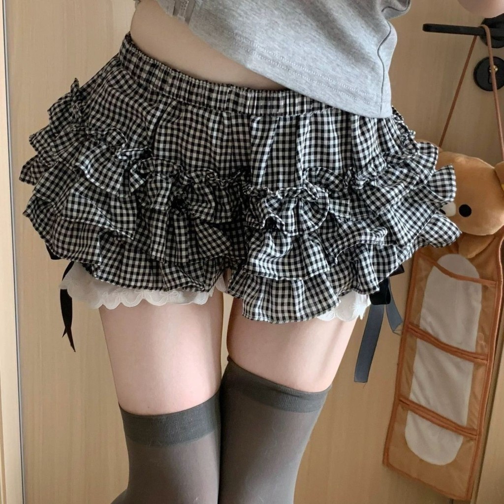 Asian Style Vintage Homemade สีดําสีขาวลายสก๊อตโบว์เอวยางยืด All-Match All-Match เค้กลูกไม้ Hakama 7