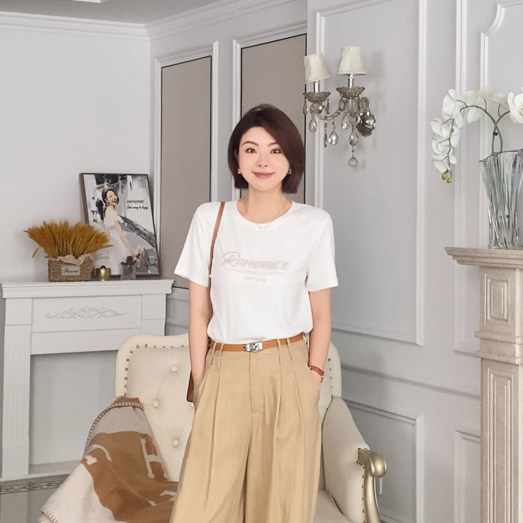 Dahong [Colorful Roman T] Summer Style Letter Beaded Front Shoulder Short Sleeve T-Shirt Women Fashi