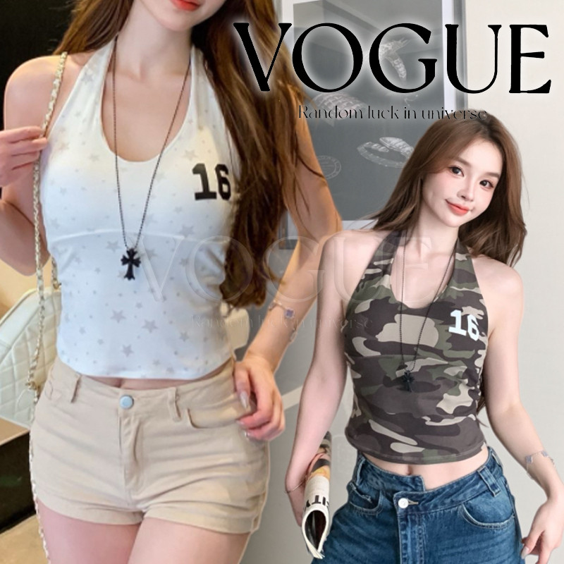 Vogue🌟พร้อมส่ง🌟 เสื้อยืดคล้องคอทรงเข้ารูป ดีไซน์ลายดาว/ทหารสกรีน16 เปิดหลังสวมใส่ง่าย (FY33067)