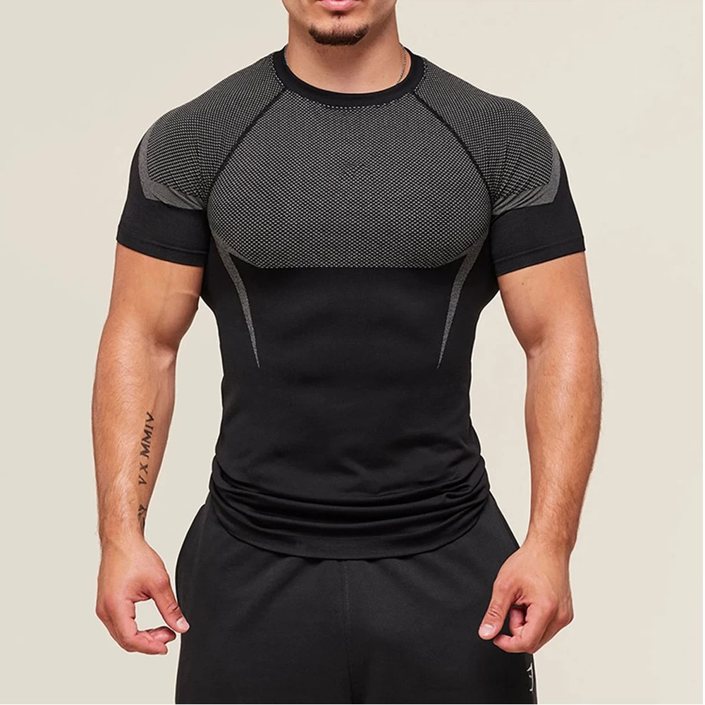 British GYMSHARK Shark Onyx5 กีฬาฟิตเนสด้านบนผู้ชายฤดูร้อน Quick-Drying Breathable ยืดเสื้อยืดแขนสั้