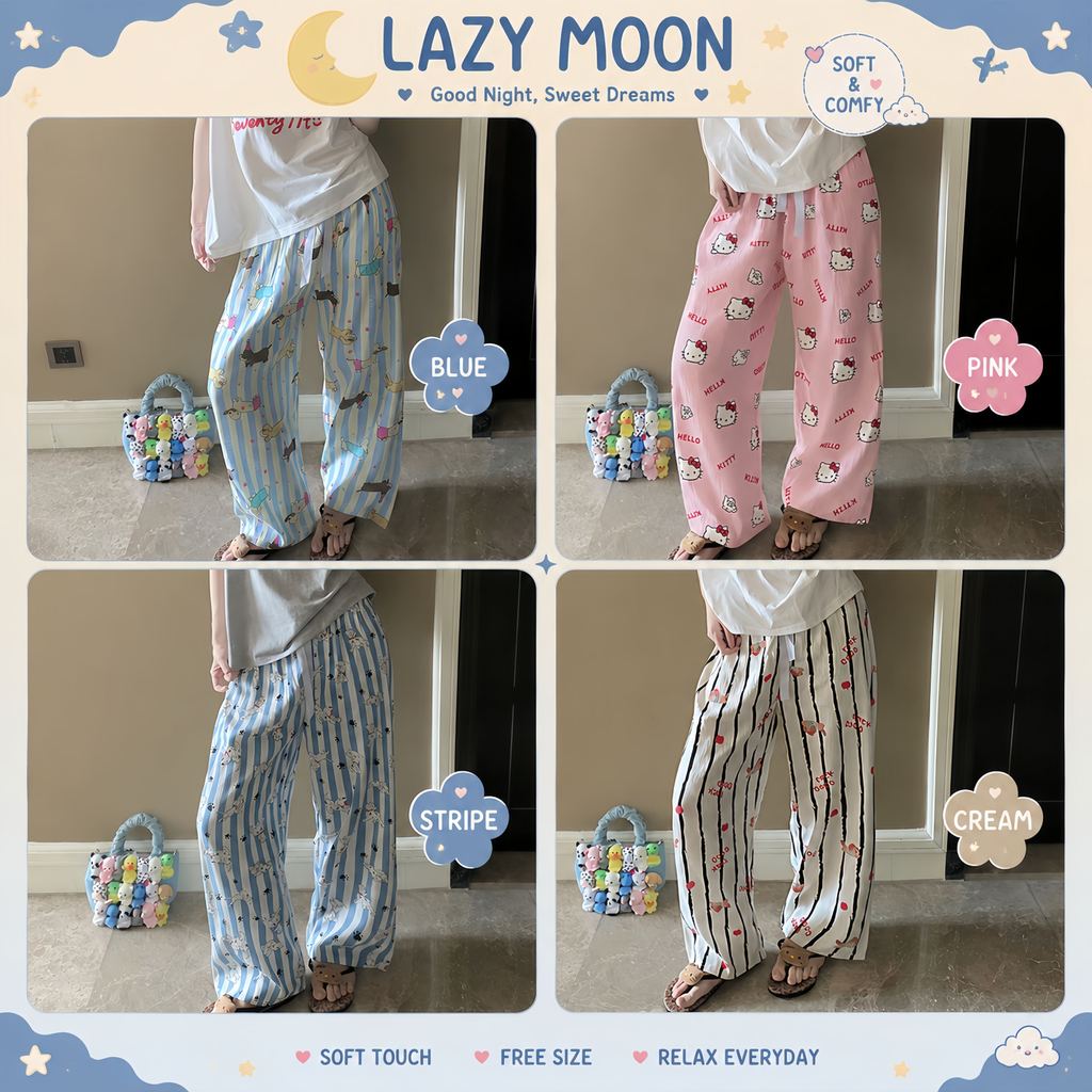 LAZY MOON กางเกงใส่นอน กางเกงลำลอง ผ้าไหมญี่ปุ่น ทรงหลวม ผ้าเย็นสบาย เอวยืดเยอะ ลายการ์ตูน W258