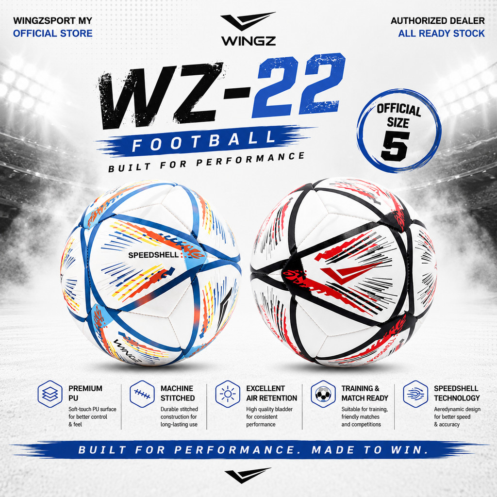 Wingz WZ-22 Football Ball Official Size 5 Machine Stitching Premium PU Soccer Ball