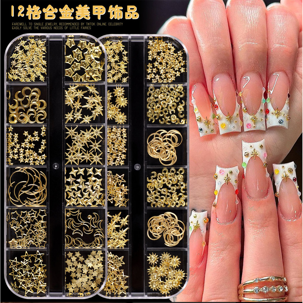 12 ตารางทอง Ocean Nail Art Charms ชุด Sea Shell ปลาดาว Seahorse Conch Pearl โลหะ Rivet Rhinestone ตกแต่งเล็บ DIY ชุดแต่งเล็บ
