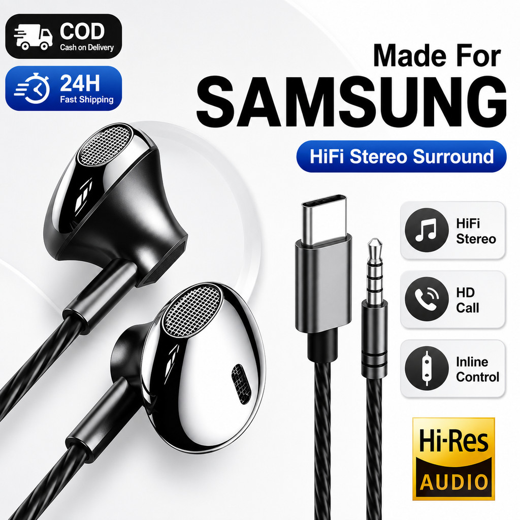 USB Type C 9D HiFi หูฟังไฮไฟเบสสเตอริโอควบคุมระดับเสียงไมค์3.5มิลลิเมตรสายหูฟังสำหรับ s amsung g alaxy S24 S23 S22 S21อัลตร้า iPhone 15 PRO MAX wired earphones headset