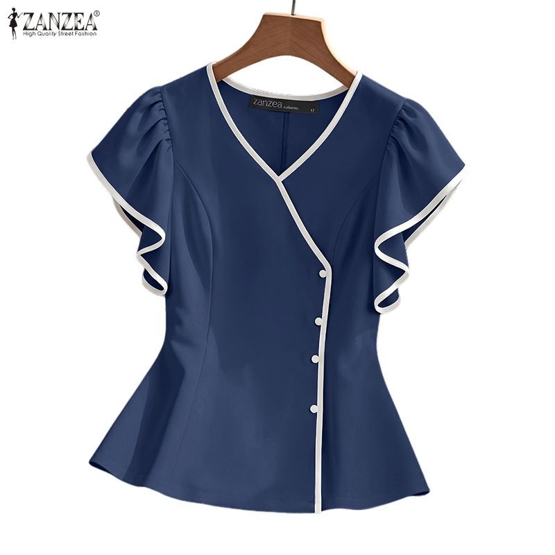 ZANZEA ใส่ ซานเซีย ผู้หญิงเกาหลีสบายๆสีคมชัดจีบปุ่มคอวีแขนสั้นเสื้อ