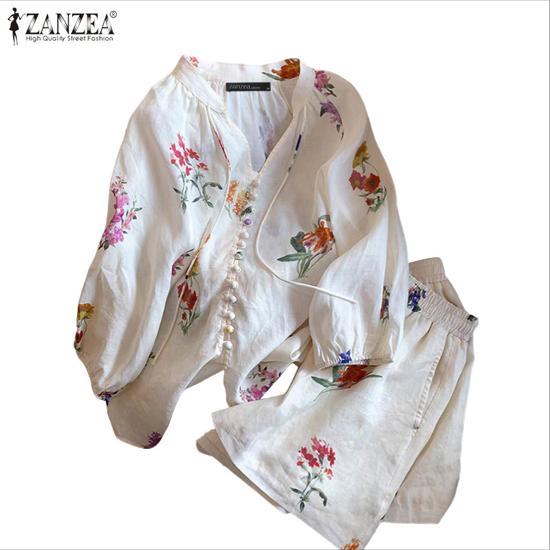 ZANZEA ผู้หญิงเกาหลี Boho วันหยุดสไตล์ V คอโคมไฟแขนปุ่มตกแต่งขากว้างดอกไม้พิมพ์ Tops & กางเกงขาสั้น — صورة 6