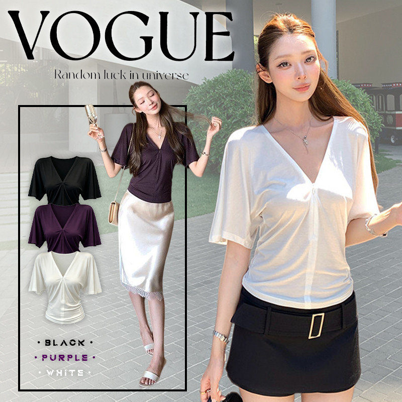 Vogue🌟พร้อมส่ง🌟 เสื้อยืดแขนสั้นคอวีลึกสไตล์มินิมอล ซิปรูดขึ้นลงได้ แขนกว้างใส่สบาย (A2456)