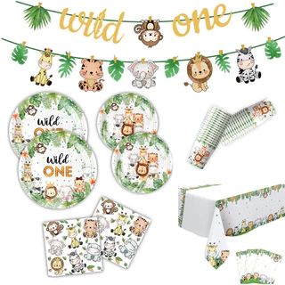 GeeParty ชุดอุปกรณ์ปาร์ตี้วันเกิด 1 ขวบ ธีมซาฟารี สัตว์ป่าน่ารัก Wild One จาน แก้ว ผ้าเช็ดปาก ของตกแต่งวันเกิดเด็ก