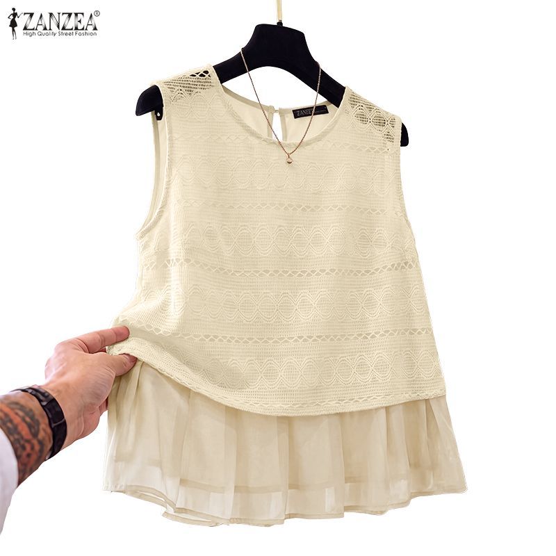 ZANZEA ผู้หญิงเกาหลีอ่อนโยน Chic รอบคอแขนกุดลูกไม้โครเชต์ Ruffles Hem หลวมถังบาง