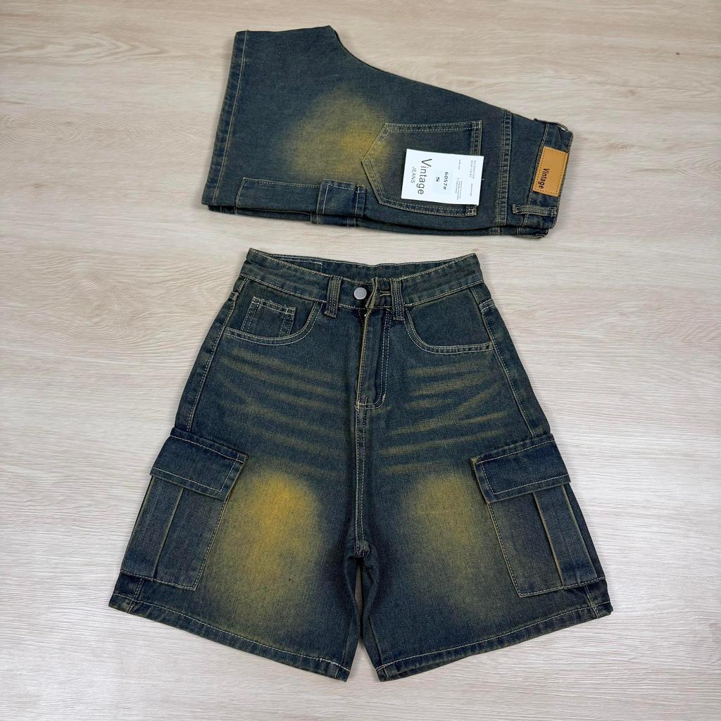 กางเกงยีนส์3ส่วนคาร์โก้ สีสนิมวินเทจ (ยาว 18-20นิ้ว) เอวสูงผ้าไม่ยืด ป้ายvintage #6057