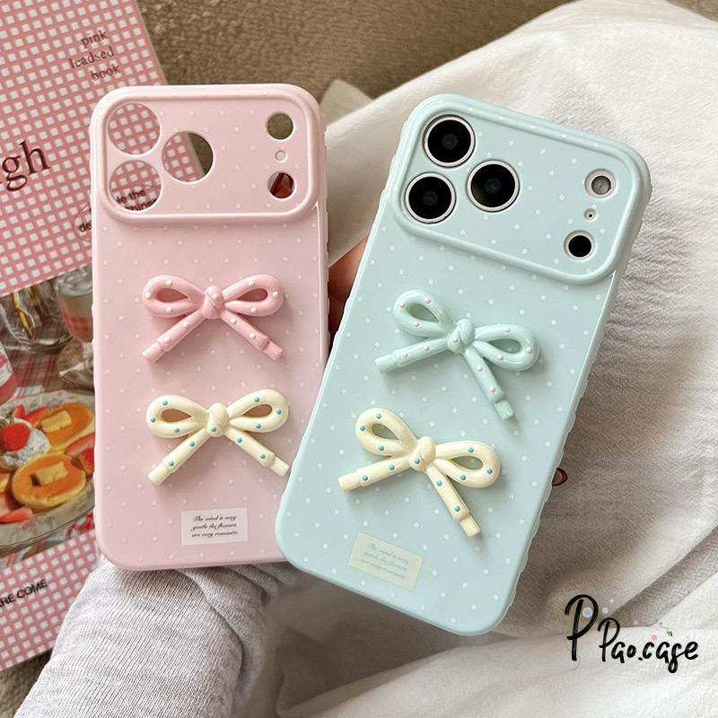 สำหรับ IPhone 16 7 8 15 Plus XR X XS Max Air 17 12 15 13 16 14 Pro เคสพาสเทล ลายจุดหัวใจฟูม+โบว์สามมิติกันกระแทก