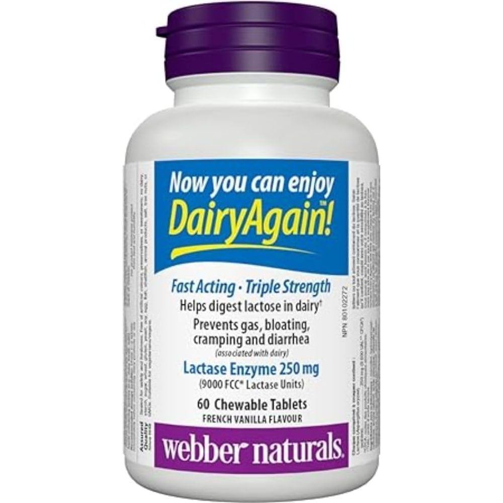 Webber Naturals Dairy Again Lactase Enzyme Chews, เม็ดเคี้ยว 60 เม็ด | ช่วยย่อยอาหารของแลคโตสในผลิตภ