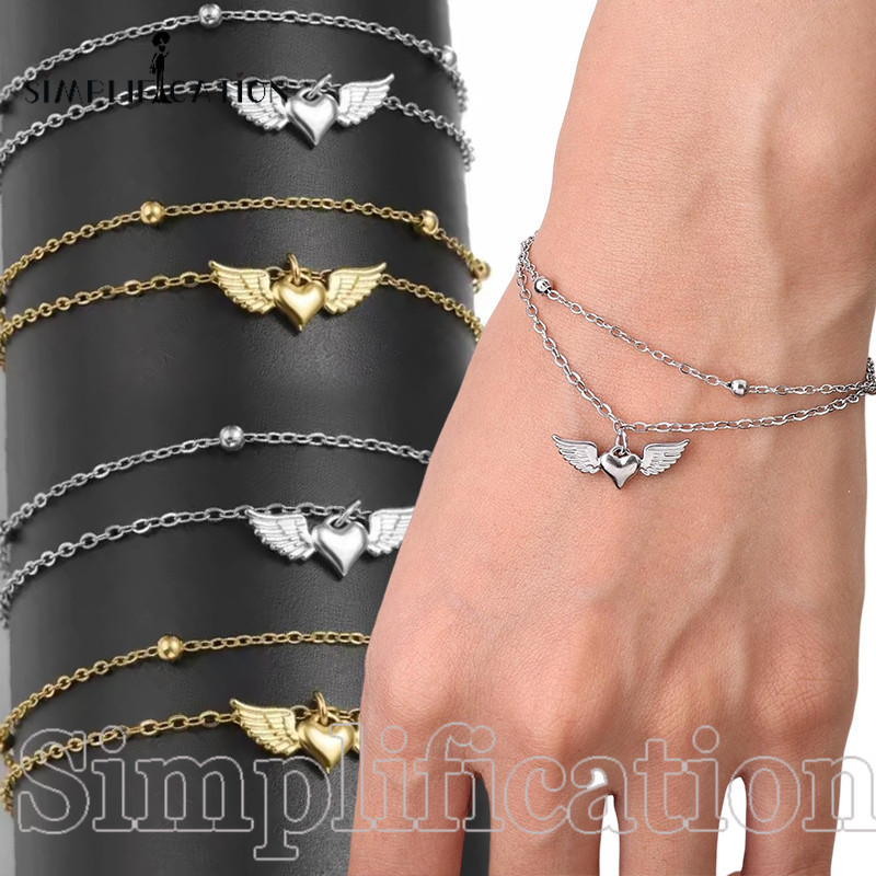 [Best Vogue] สร้อยข้อมือโซ่ขยายแบบยืดหยุ่น - จี้หัวใจปีกโรแมนติก สร้อยข้อมือสองชั้น [ลุคอินเทรนด์]