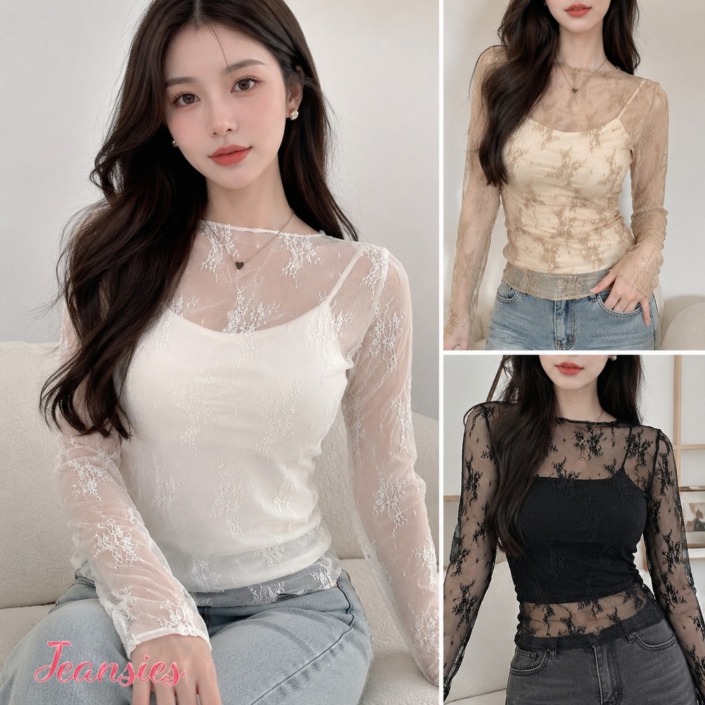เสื้อยืดแขนยาวซีทรูผ้าลูกไม้ ลายฉลุละเอียด แมตช์คู่สายเดี่ยวข้างในสุดแซ่บ