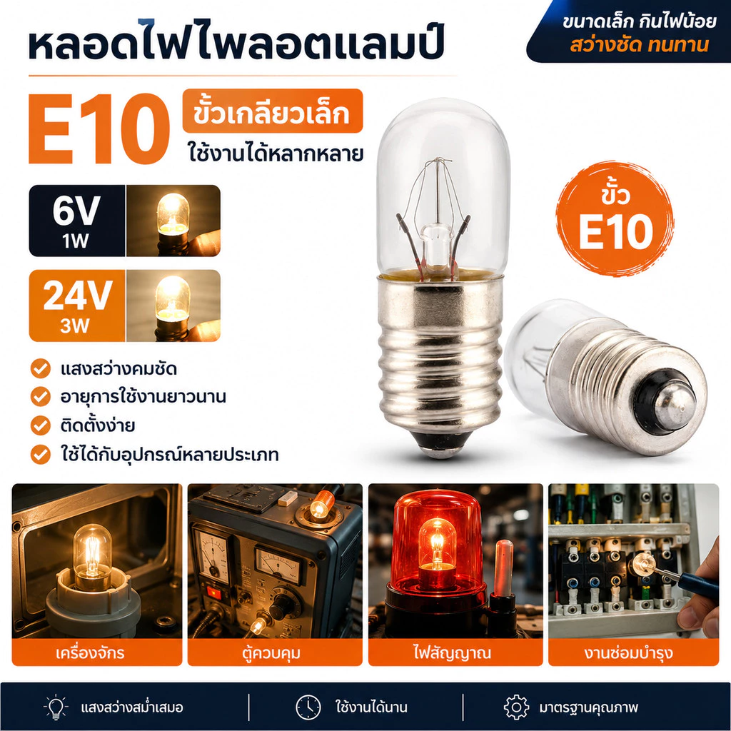 ซื้อ 10 ดวง ลด 40.- TJR หลอดไฟ จิ๋ว หลอดไฟ ไพลอตแลมป์ Pilot Lamp E10 6V 24V 220V