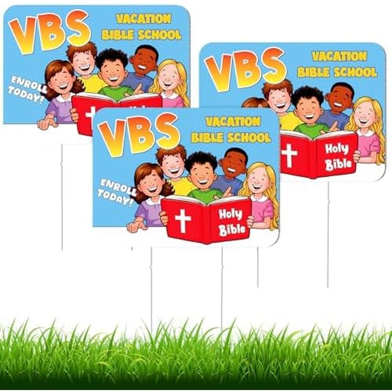 Colingmill 3 ชุด VBS Vaion Bible School Sign โลหะ Stakes 12 "x 16" Enroll วันนี้ป้ายสนามหญ้าสีฟ้าสีแ