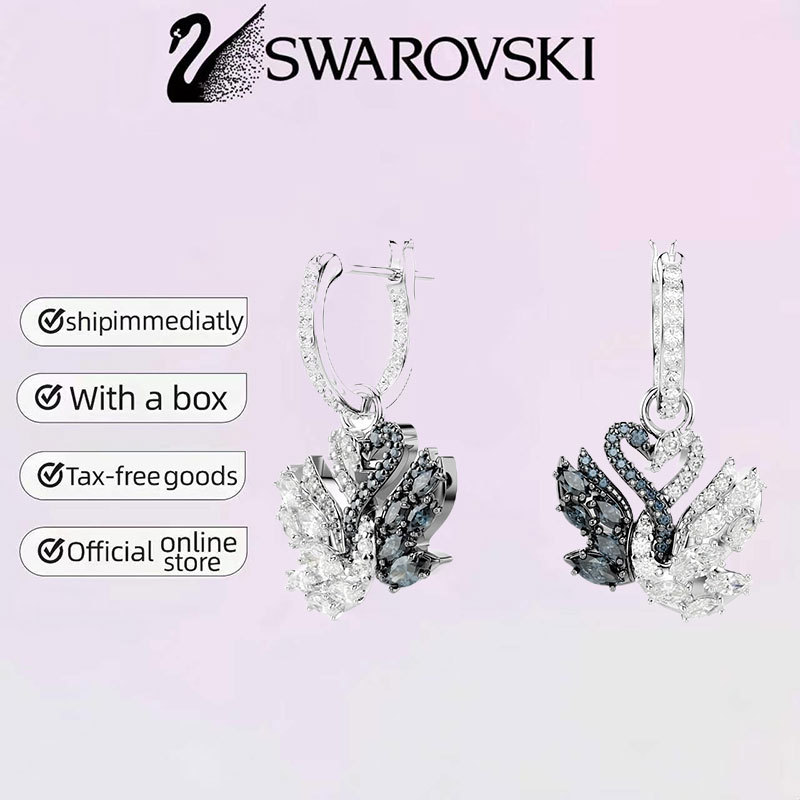 Swan Drop ต่างหู Swan, black Swarovski 925 Silver Jewelry ชุดของขวัญคู่ของขวัญประณีต