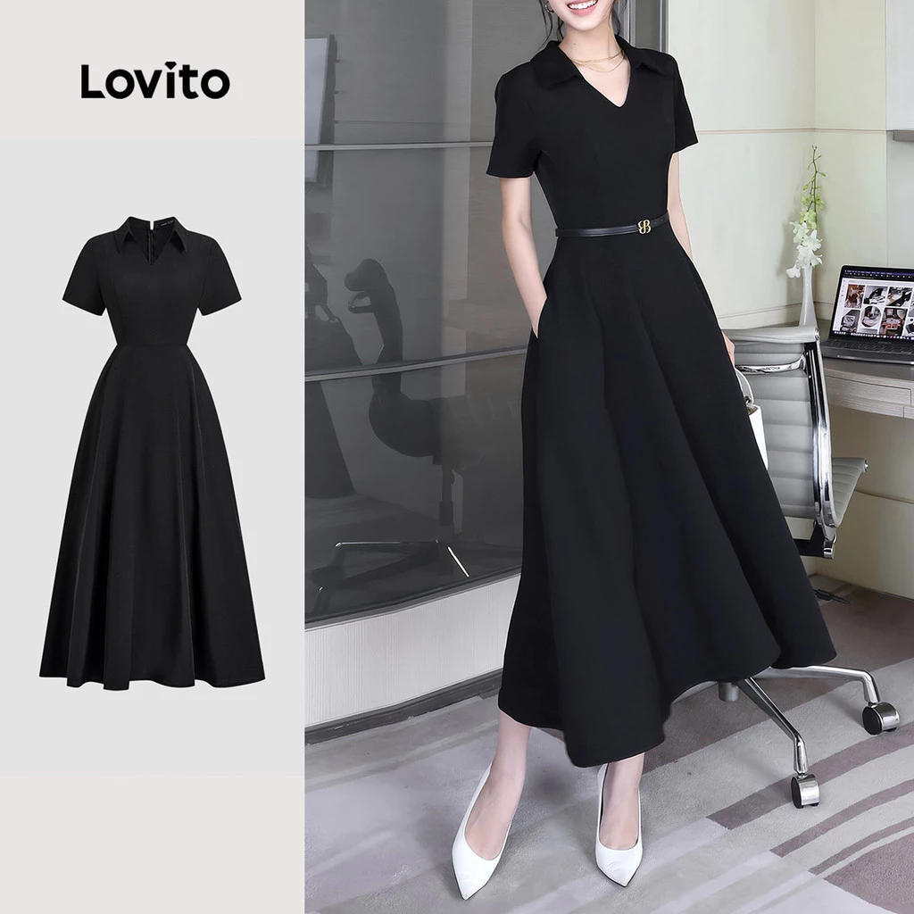 Lovito สง่างาม ชุดเดรสดำ ช่องใส่ของ คลาสสิก และอเนกประสงค์ สำหรับหญิงสาวในฤดูใบไม้ผลิ/ฤดูร้อน L138ED216
