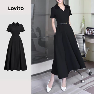 Lovito สง่างาม ชุดเดรสดำ ช่องใส่ของ คลาสสิก และอเนกประสงค์ สำหรับหญิงสาวในฤดูใบไม้ผลิ/ฤดูร้อน L138ED216