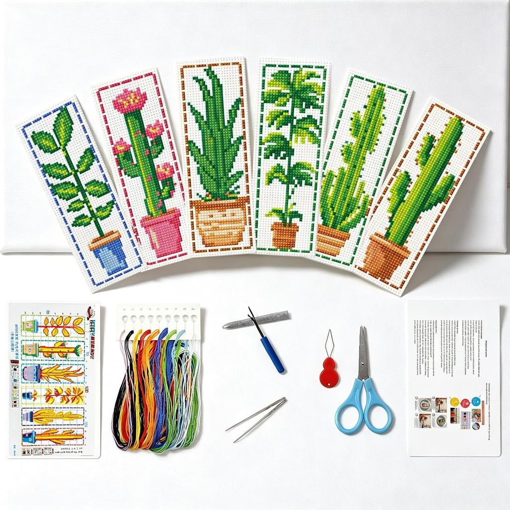 Zhenqing 6-Pack Botanical Cross Stitch Bookmark Kit – 11CT 11x18.5in Aida Cloth, 6x20cm Pre-Printed 