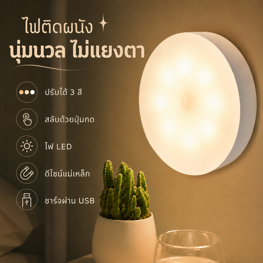 💡โคมไฟหัวเตียง หรี่ไฟได้ โคมไฟ ชาร์จได้ ไม่ต้องใช้ถ่าน แบตอึด ยึดผนังด้วยแม่เหล็ก 3 สีปรับได้