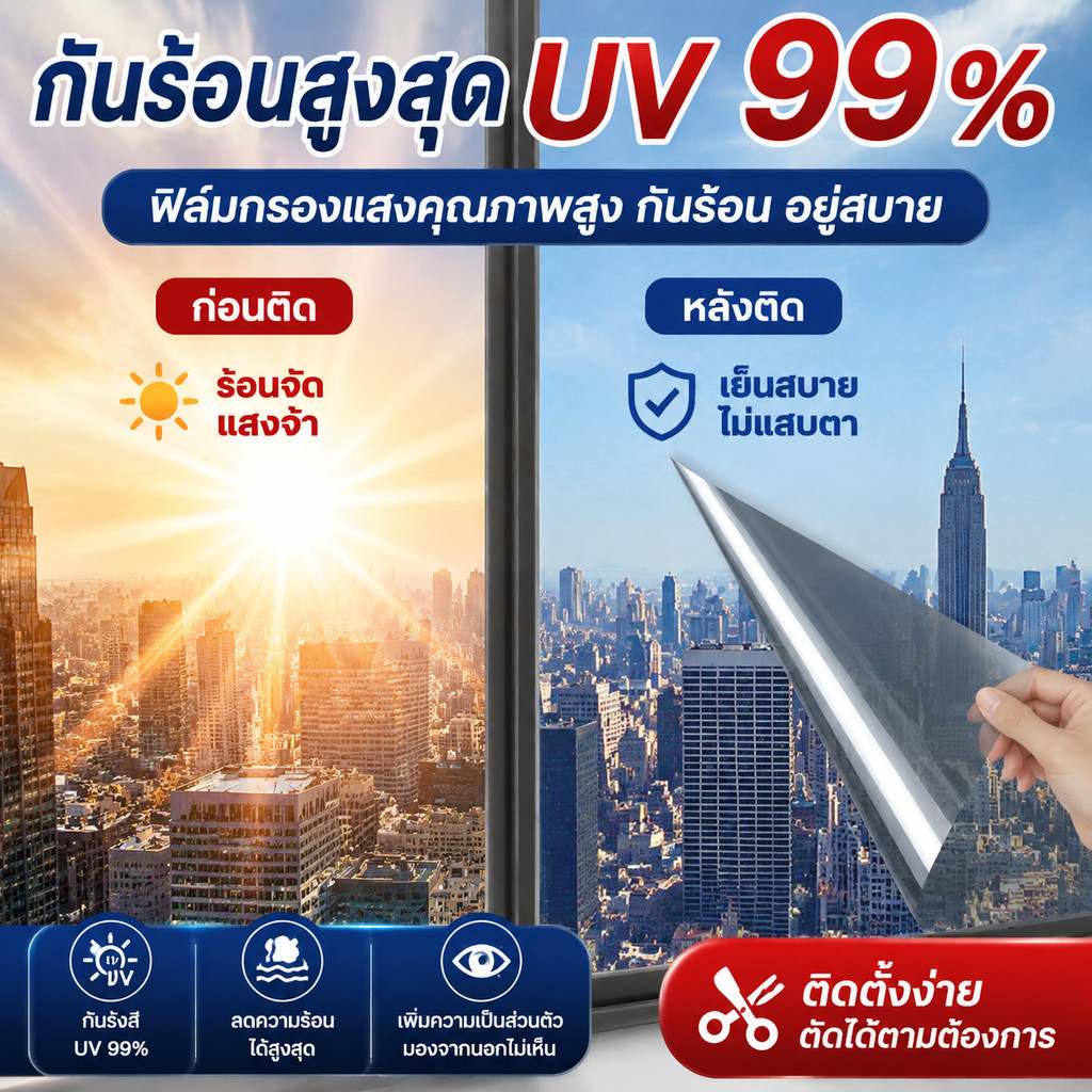 HT มองเห็นด้านเดียว ฟิล์มติดกระจก กันความร้อน ฟิล์มติดกระจก ป้องกันรังสี UV 99% ลดแสงสะท้อน ติดง่าย สำหรับบ้าน รถยนต์