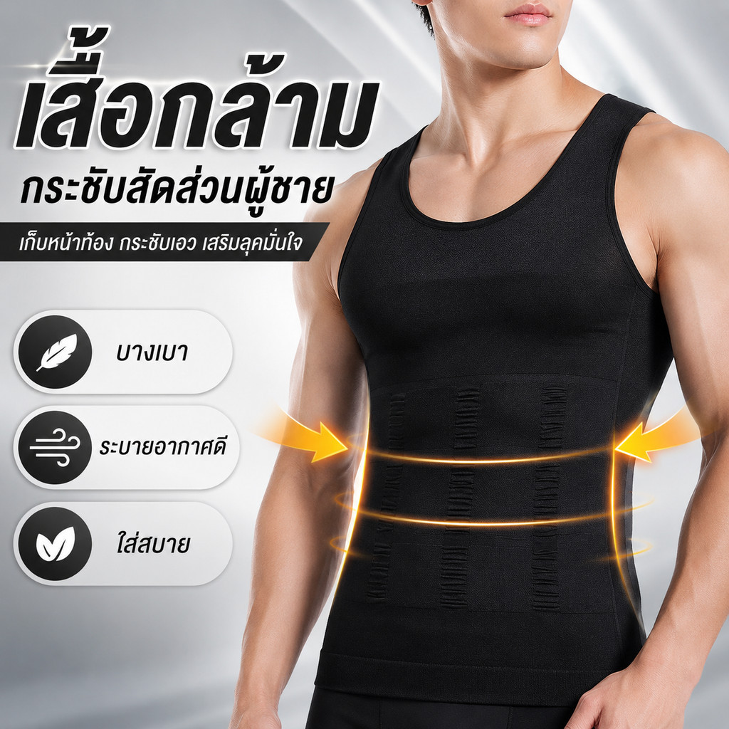 【ซินพี】 เสื้อกล้ามกระชับสัดส่วนผู้ชาย เก็บพุง กระชับเอว ผ้าบางเบา ระบายอากาศดี ใส่สบาย สีดำ สีขาว S-XXL