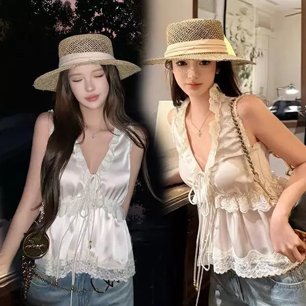 mimi-เสื้อกล้ามสไตล์สาวหวาน สีขาว ผ้าซาติน คอวี ผูกสาย ลูกไม้ระบาย สไตล์ฝรั่งเศส แบบสายเดี่ยวสำหรับผู้หญิง#99520