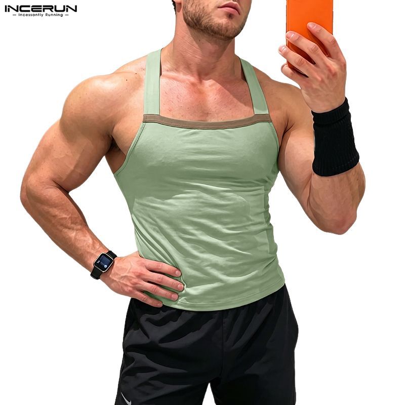 INCERUN Men Vintage Sport Fashion Square Collar Sleeve Contrast Splicing Casual All Match Tanks