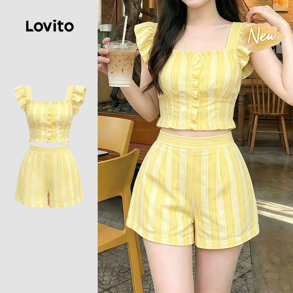 (New Arrival) Lovito เสื้อหรือกางเกงสไตล์หรูหรา ขอบระบายลูกไม้ สีเหลืองสดใส ชุดสูทฤดูร้อนสําหรับผู้หญิง เกาหลี อินเทรนด์ LK7AD248