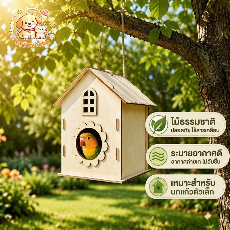 บ้านนกไม้ธรรมชาติ กล่องเพาะพันธุ์นก แขวนเชือกปอ ระบายอากาศดี แข็งแรง ใช้กลางแจ้ง สำหรับนกเล็ก
