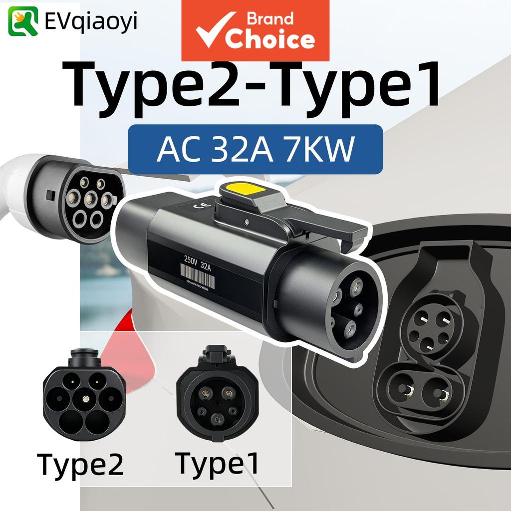 อะแดปเตอร์แปลงไฟ EVqiaoyi Type2 เป็น J1772 Type1 กําลังไฟ 32A 7KW พร้อมปุ่มปิดไฟ แบบพกพา สําหรับรถยน