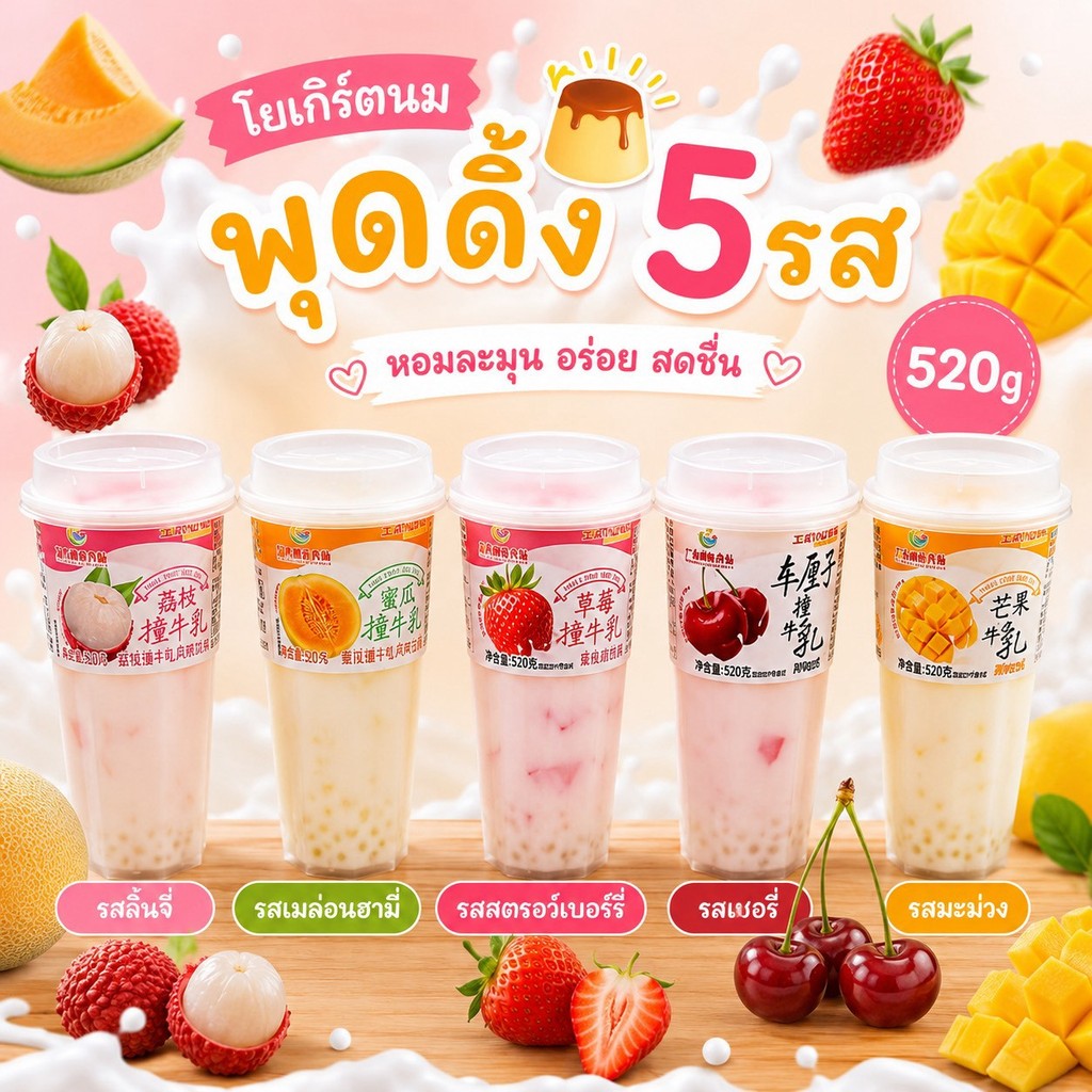 พุดดิ้งโยเกิร์ต พร้อมดื่ม เจาะปึ๊ป อร่อยปั๊ป ท็อปปิ้งแน่นๆ เต็มแก้ว