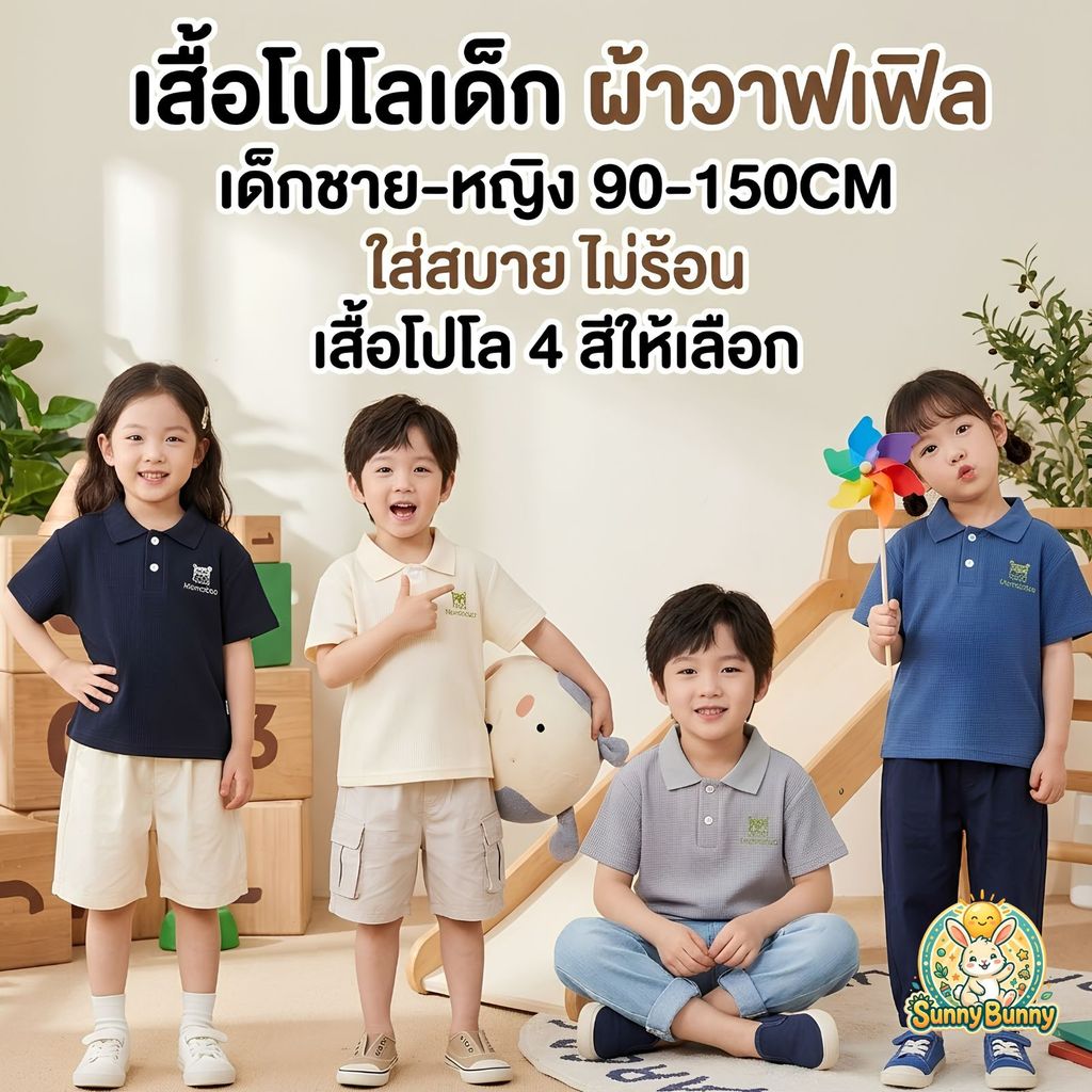 sunny_bunny เสื้อโปโลเด็ก ผ้าวาฟเฟิล เด็กชาย 90-150CM ใส่สบาย ไม่ร้อน เสื้อโปโล 4 สีให้เลือก พร้อมส่ง