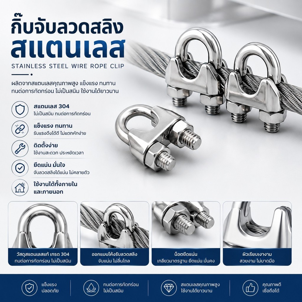 กิ๊บจับลวดสลิง กิ๊บล็อคสลิง แคมป์ล็อคสลิง สแตนเลส ขนาด M3/M5/M6/M8/M10/M12 พร้อมส่ง #AQ-0031