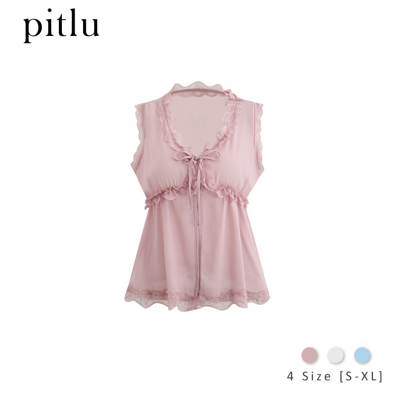 Pitlu เสื้อแขนกุดผู้หญิง คอวี ลูกไม้ขอบคอขอบแขน ผูกหน้าอกโบว์ เปิดหน้าคาร์ดิแกน ทรงเบบี้ดอลล์ รูดเอว ผ้าชีฟอง สไตล์ฝรั่งเศส นางฟ้า หวานเซ็กซี่ บัลเล่ต์ สีชมพู สีขาว สีฟ้า แฟชั่นเกาหลี ใส่เดท ถ่ายรูป ใส่ใน ใส่คลุม ส่งจากไทย