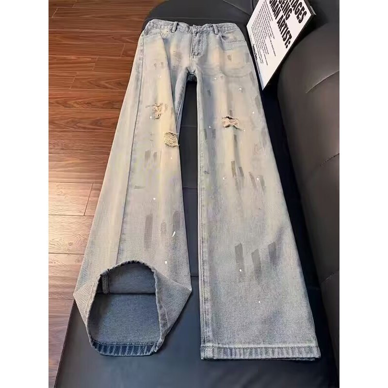 BabeFish Onze Original Design ล้าง Distressed Heavy Industry Splash Ink Slimmer ดูกว้างขาตรงต่ํา @-