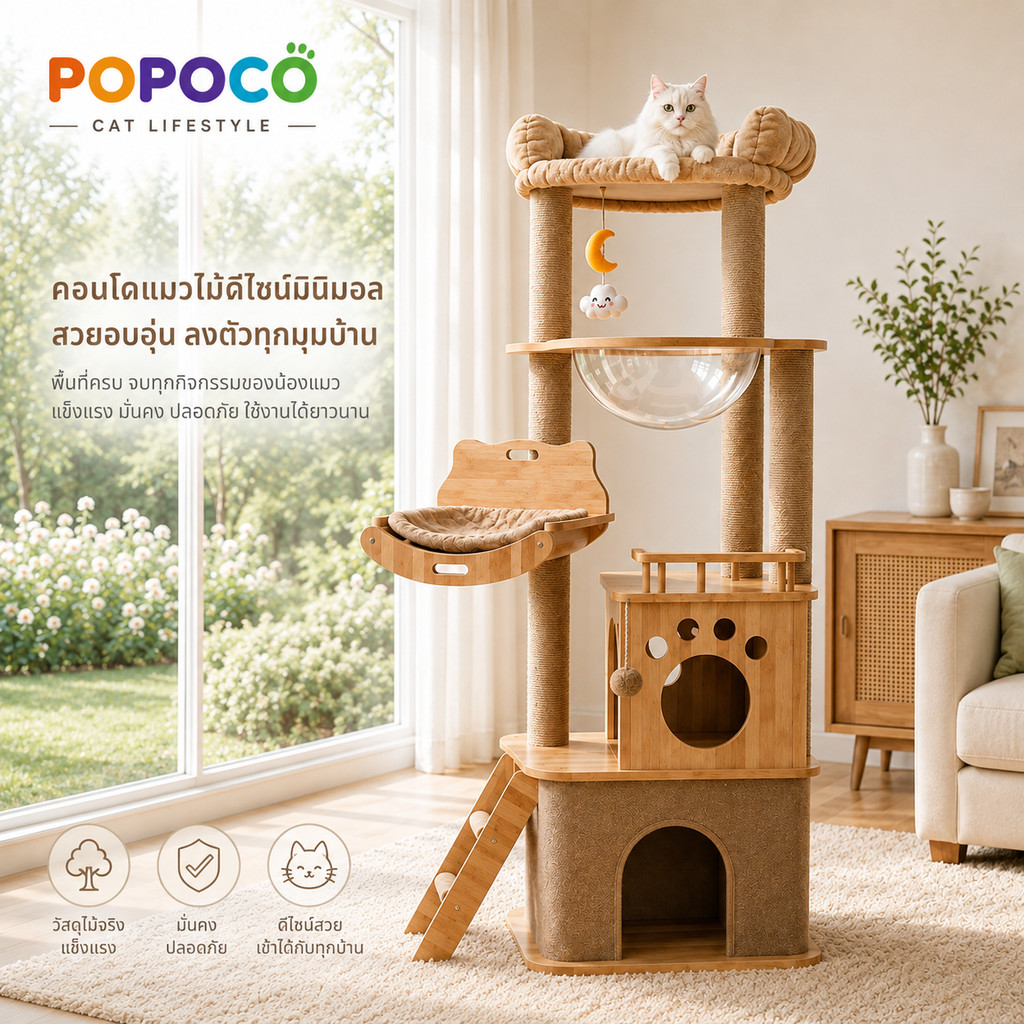 【POPOCO】คอนโดแมวไม้ บ้านแมวขนาดใหญ่ สำหรับแมวหลายตัว พร้อมหลุมใส ที่นอน เสาลับเล็บ ของเล่นแมว ปีนเล่น สนุกเพลิน พักผ่อนค
