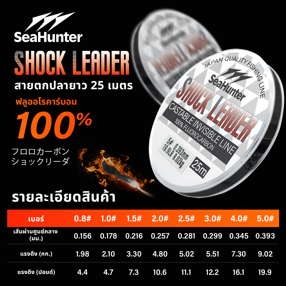 SeaHunter Shock Leader สายเอ็นหน้า สายหน้าฟลูออคาร์บอน 25M 4.4-19.9LB เส้นเอ็นตกปลา คุณภาพญี่ปู่น YGK สายโปร่งใสล่อปลา