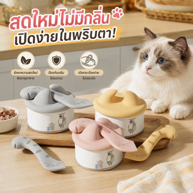 ฝาปิดกระป๋องอาหารสัตว์เลี้ยง ซิลิโคน ซีลเก็บความสด กันกลิ่น พร้อมช้อนตักอาหารแมว เปิดฝา