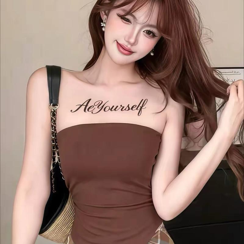 Veralulu พร้อมส่งในไทย 1157 เสื้อกล้าม ดีเทลไหล่ซีทรูพิมพ์ลายอังกฤษหน้าอก เซ็กซี่ ฟองน้ำในตัว nobra