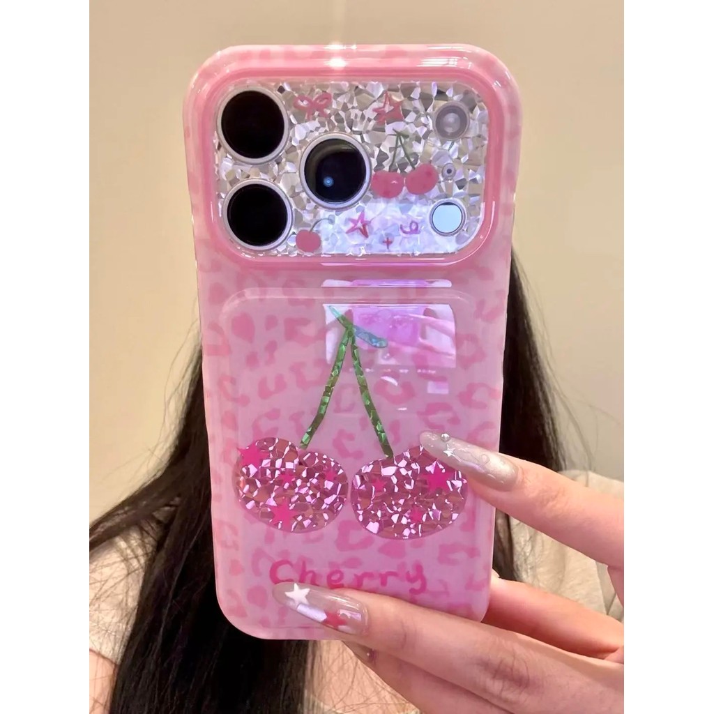 เคสโทรศัพท์สีชมพูเสือดาวพิมพ์Star Cherry Graphicน่ารักสไตล์เกาหลีกันกระแทกฝาครอบป้องกันสําหรับiPhone 17 Pro Max 17 Pro 16 Pro Max 16 Pro 15 Pro Max 15 Pro