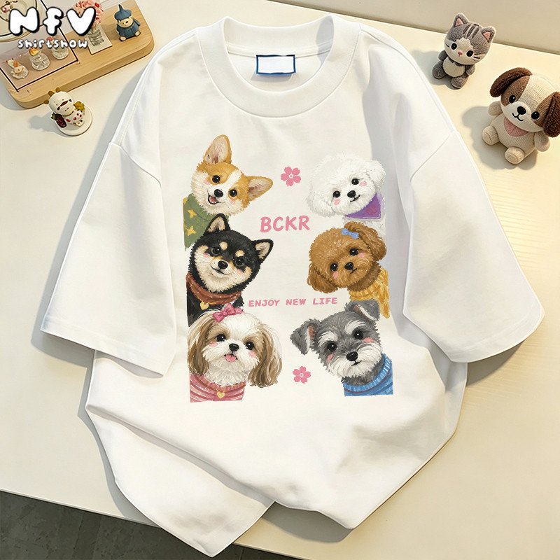 【จัดส่งตลอด 24 ชั่วโมง】NFV แฟชั่นเกาหลี เสื้อยืดแขนสั้นคอกลม ลายหมาน้อยน่ารัก ทรงหลวม ผ้าฝ้าย YG2821