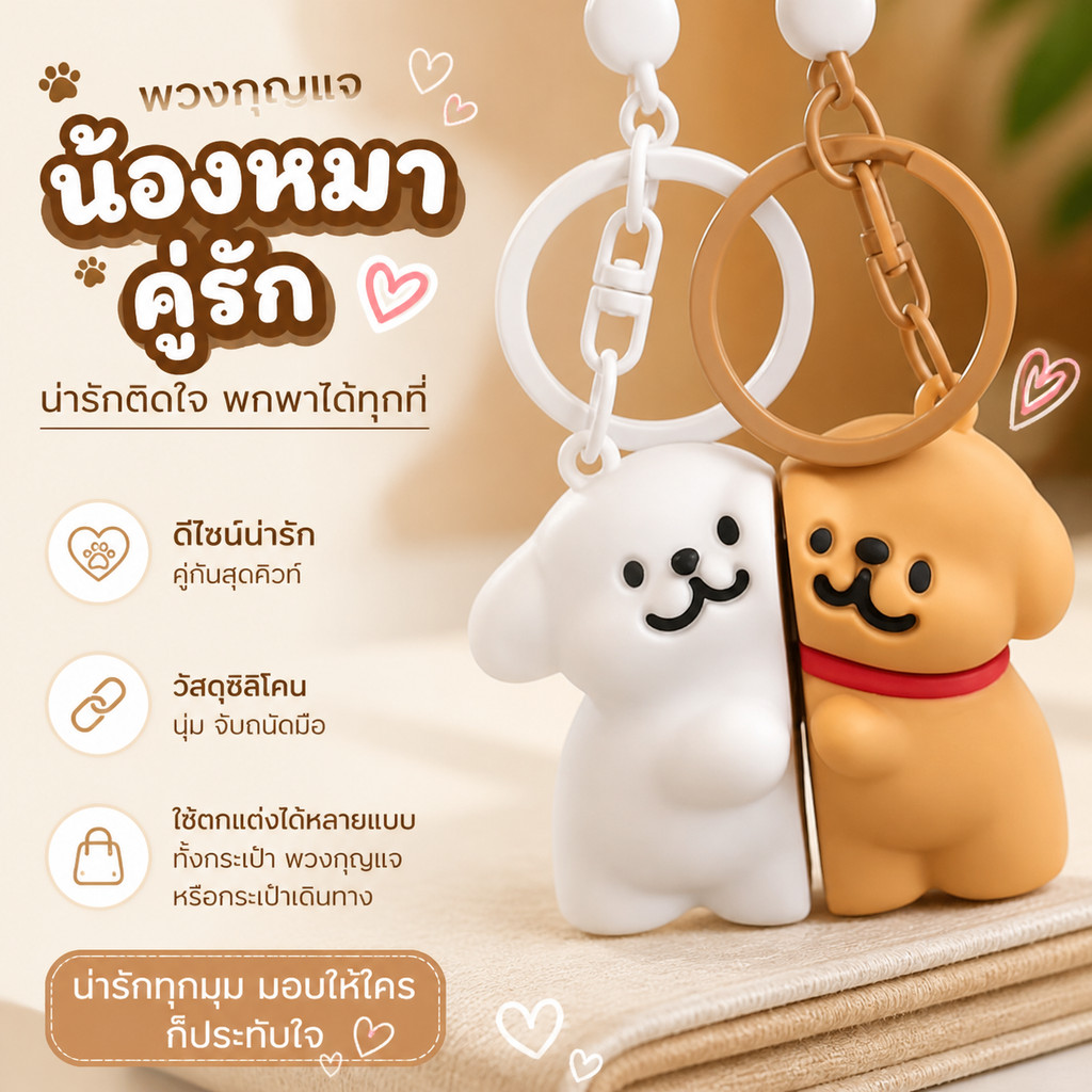 [ส่งไวจากไทย] สุนัขสายสร้างสรรค์ พวงกุญแจคู่ สุนัขน่ารักติดกัน ตุ๊กตาการ์ตูน อุปกรณ์เสริมกระเป๋าเป้สะพายหลัง