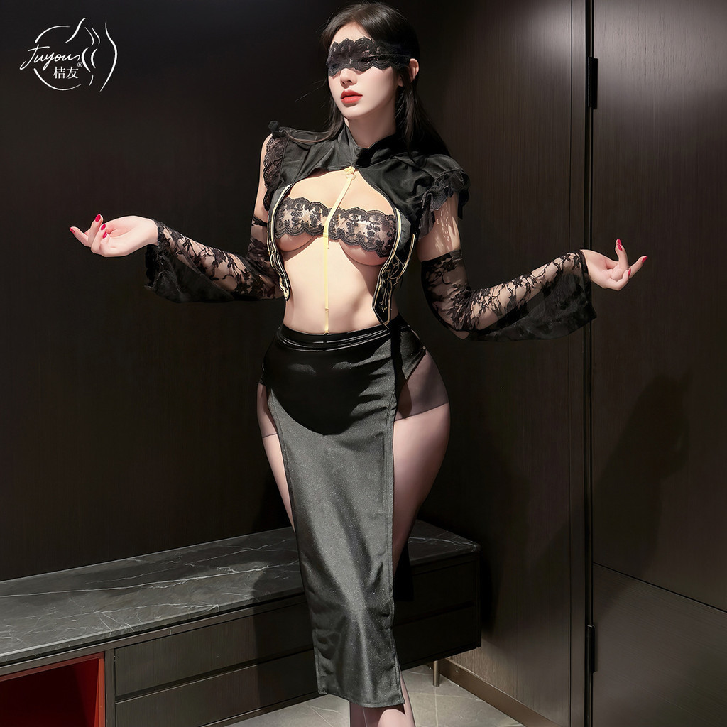 Juyou Taboo Cleric Topless Lace Sleeve Shawl Ribbon Side High Slit T-Pants Jumpsuit Style Suit 9166