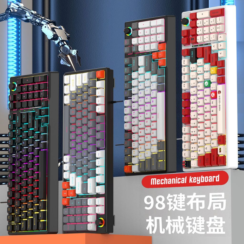 คีย์บอร์ดแบบมีสาย K98 RGB Lighting แกนสีเขียว 98 คีย์ Full-Key No-Red Gaming Game ภายนอก