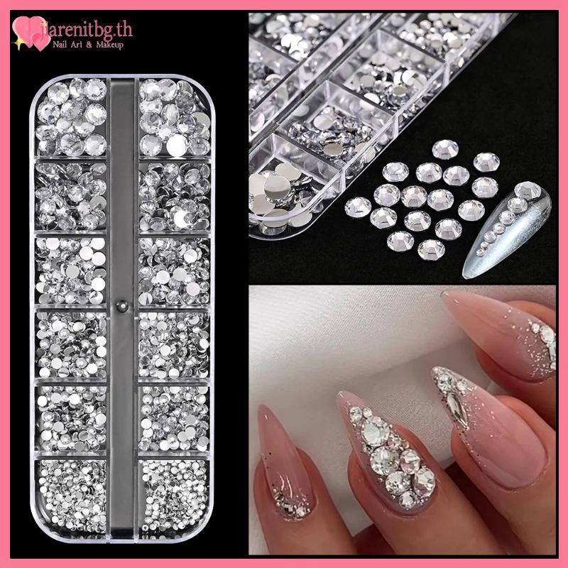 RENBG 12 กริดวงกลมด้านล่างแบนผสมเล็บเพชรเล็บ Rhinestone AB เจาะปากกาประกายที่มีสีสันเครื่องประดับเล็บ Charm TH